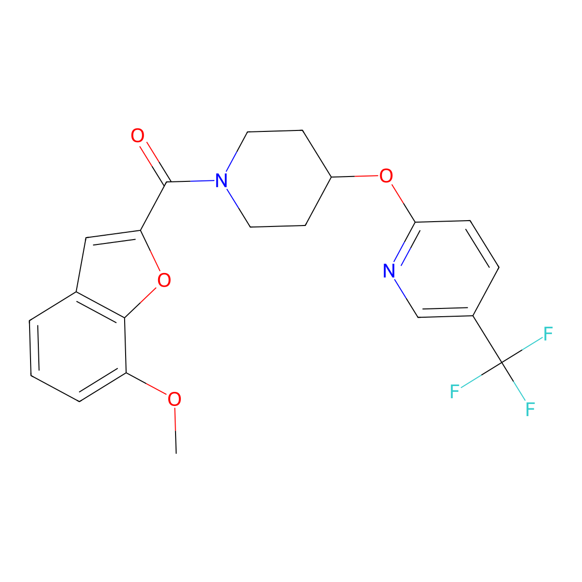 (7-Methoxybenzofuran-2-yl)(4-((5-(trifluoromethyl)pyridin-2-yl)oxy)piperidin-1-yl)methanone molecular structure, CAS 1421492-38-7