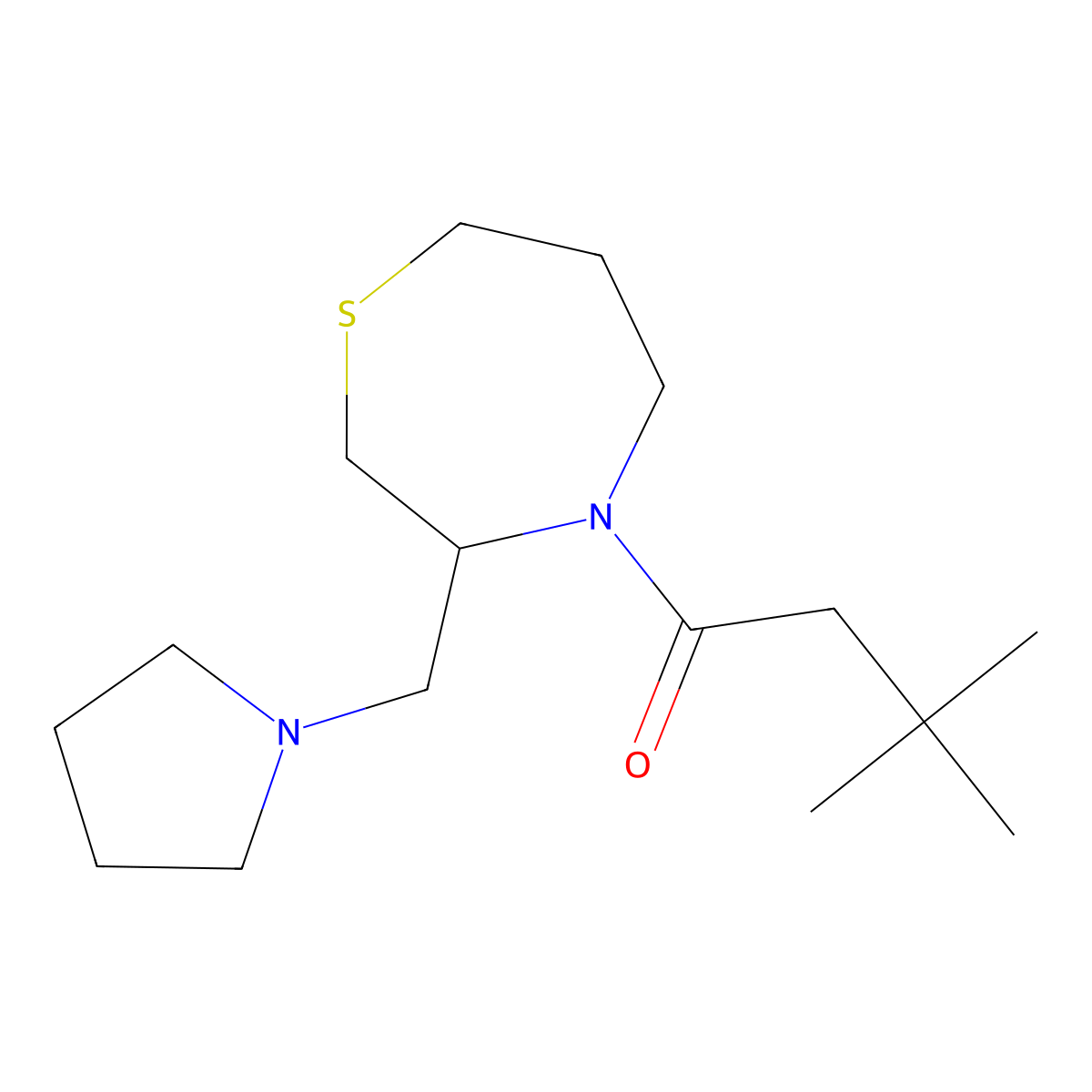 3,3-Dimethyl-1-(3-(pyrrolidin-1-ylmethyl)-1,4-thiazepan-4-yl)butan-1-one molecular structure, CAS 1421492-43-4