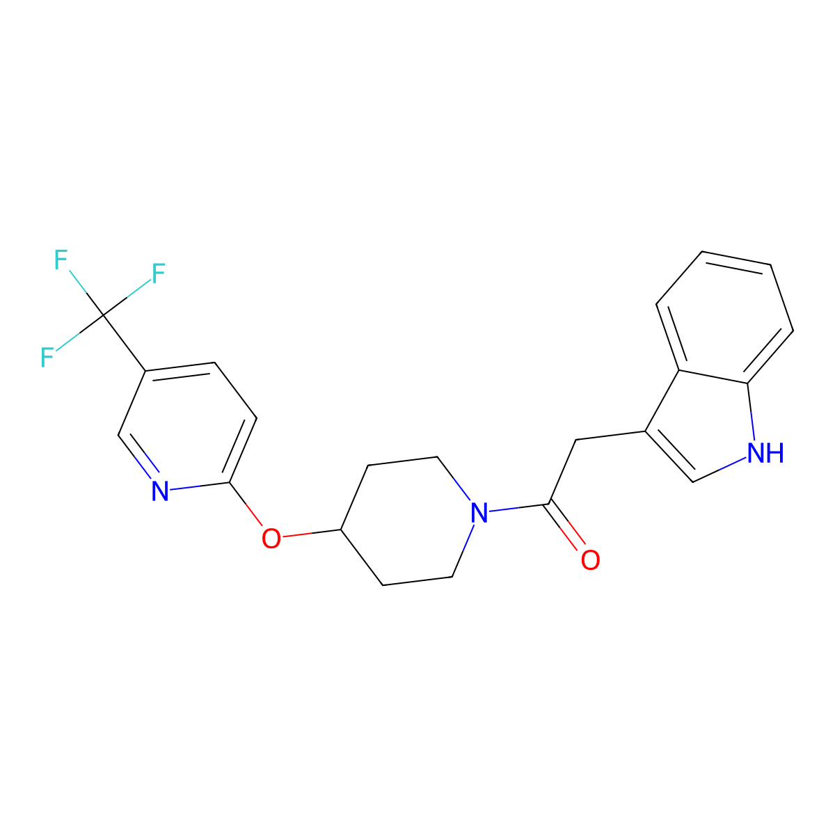 2-(1H-indol-3-yl)-1-(4-((5-(trifluoromethyl)pyridin-2-yl)oxy)piperidin-1-yl)ethanone molecular structure, CAS 1421492-46-7