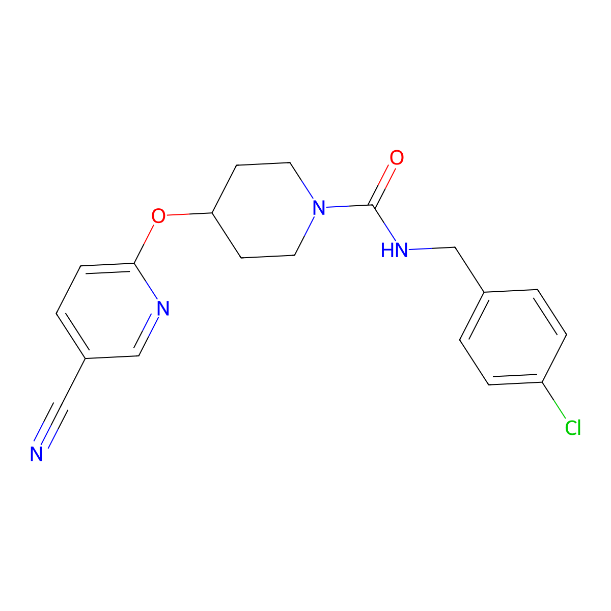 N-(4-chlorobenzyl)-4-((5-cyanopyridin-2-yl)oxy)piperidine-1-carboxamide molecular structure, CAS 1421493-05-1