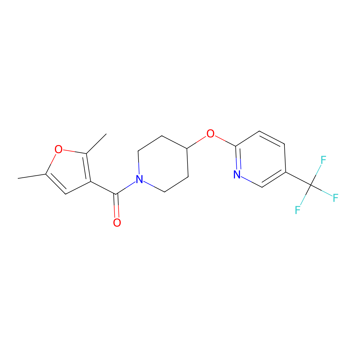 (2,5-Dimethylfuran-3-yl)(4-((5-(trifluoromethyl)pyridin-2-yl)oxy)piperidin-1-yl)methanone molecular structure, CAS 1421493-07-3