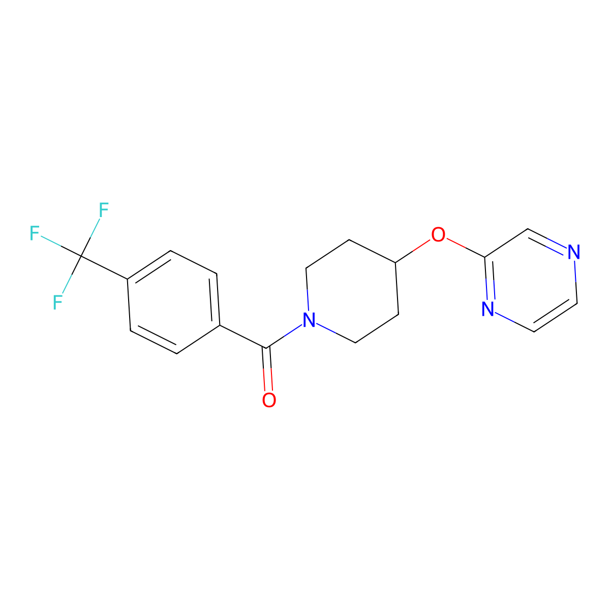 (4-(Pyrazin-2-yloxy)piperidin-1-yl)(4-(trifluoromethyl)phenyl)methanone molecular structure, CAS 1421493-14-2