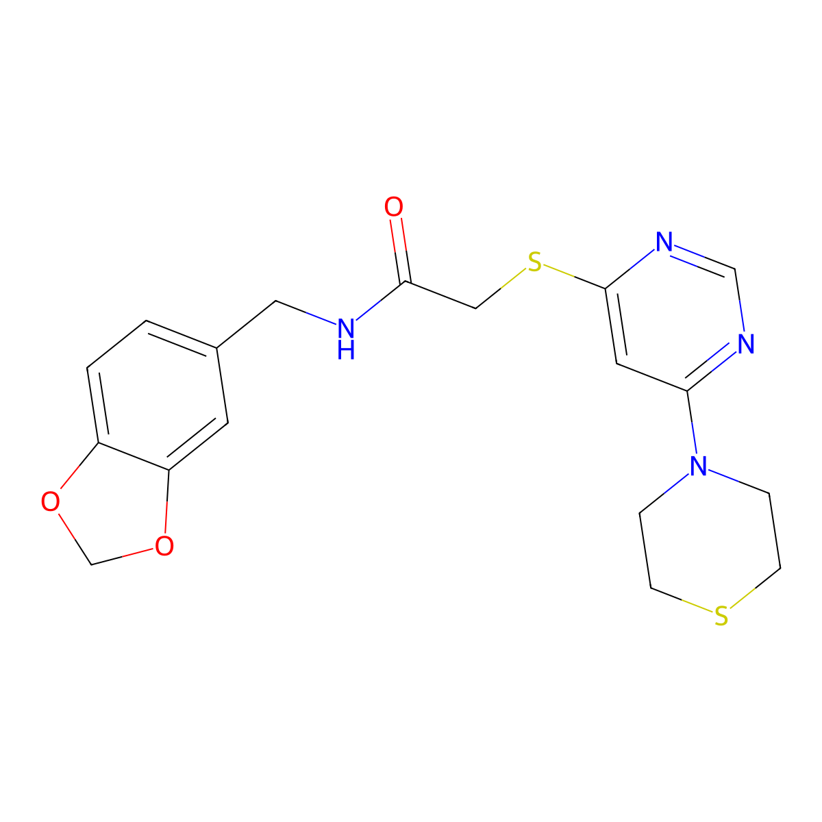 N-(benzo[d][1,3]dioxol-5-ylmethyl)-2-((6-thiomorpholinopyrimidin-4-yl)thio)acetamide molecular structure, CAS 1421493-15-3