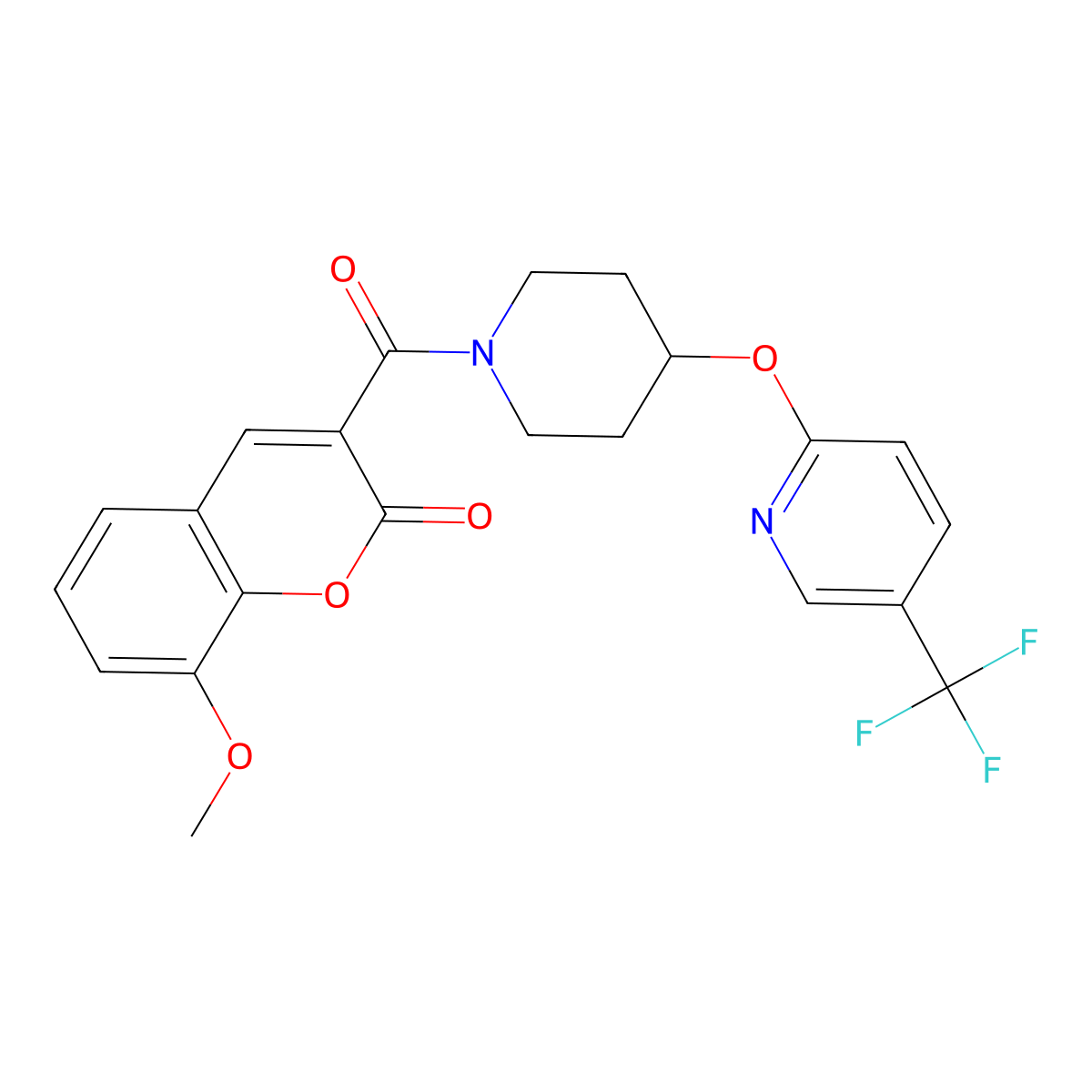 8-methoxy-3-(4-{[5-(trifluoromethyl)pyridin-2-yl]oxy}piperidine-1-carbonyl)-2H-chromen-2-one molecular structure, CAS 1421493-16-4