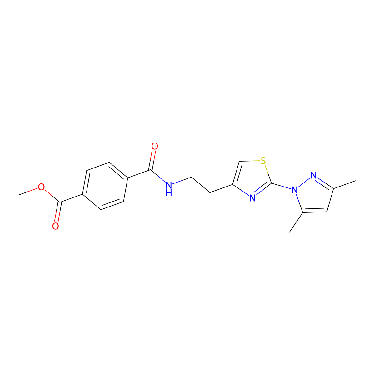 methyl 4-((2-(2-(3,5-dimethyl-1H-pyrazol-1-yl)thiazol-4-yl)ethyl)carbamoyl)benzoate molecular structure, CAS 1421493-19-7
