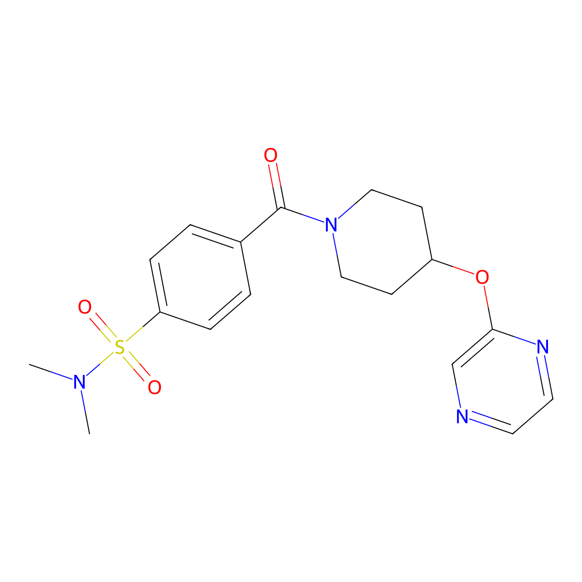 N,N-dimethyl-4-(4-(pyrazin-2-yloxy)piperidine-1-carbonyl)benzenesulfonamide molecular structure, CAS 1421493-27-7