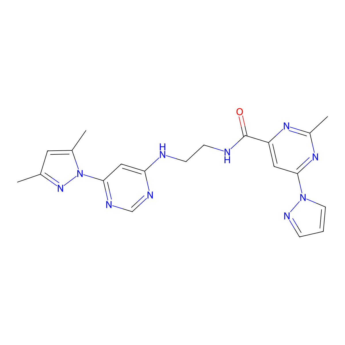 N-(2-((6-(3,5-dimethyl-1H-pyrazol-1-yl)pyrimidin-4-yl)amino)ethyl)-2-methyl-6-(1H-pyrazol-1-yl)pyrimidine-4-carboxamide molecular structure, CAS 1421493-31-3