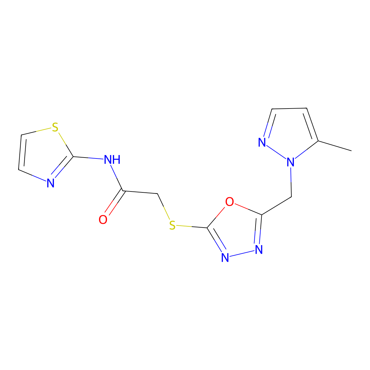 2-((5-((5-methyl-1H-pyrazol-1-yl)methyl)-1,3,4-oxadiazol-2-yl)thio)-N-(thiazol-2-yl)acetamide molecular structure, CAS 1421493-38-0