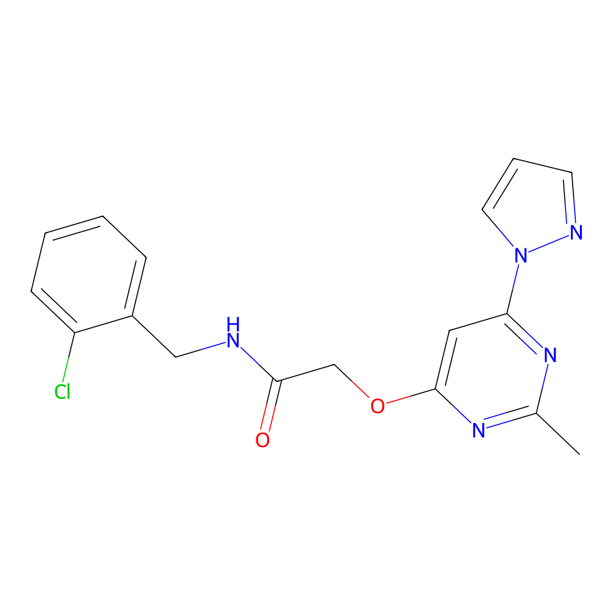 N-(2-chlorobenzyl)-2-((2-methyl-6-(1H-pyrazol-1-yl)pyrimidin-4-yl)oxy)acetamide molecular structure, CAS 1421493-40-4