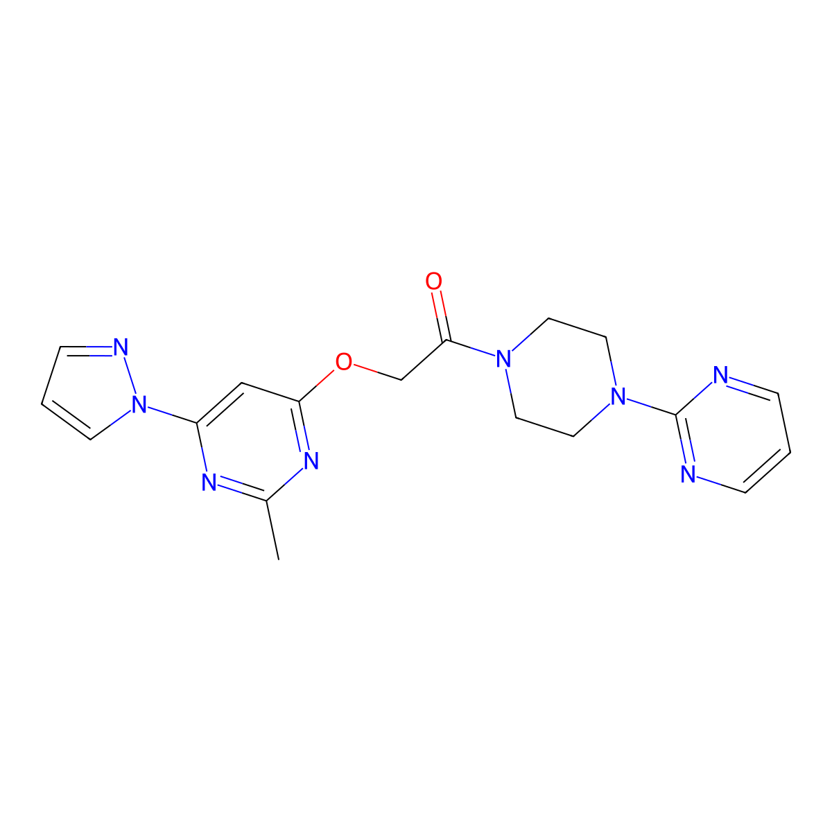 2-((2-methyl-6-(1H-pyrazol-1-yl)pyrimidin-4-yl)oxy)-1-(4-(pyrimidin-2-yl)piperazin-1-yl)ethanone molecular structure, CAS 1421493-44-8