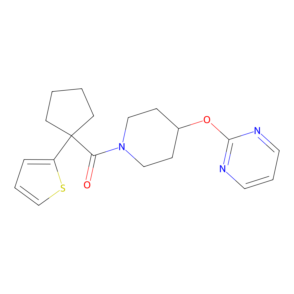 (4-(Pyrimidin-2-yloxy)piperidin-1-yl)(1-(thiophen-2-yl)cyclopentyl)methanone molecular structure, CAS 1421493-45-9
