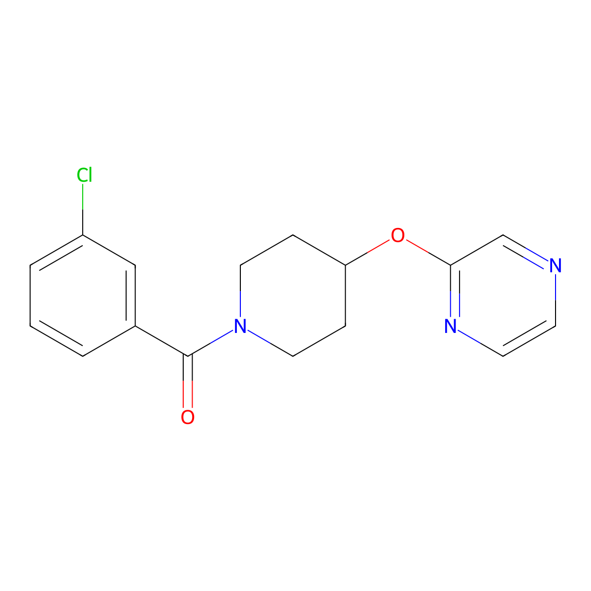 (3-Chlorophenyl)(4-(pyrazin-2-yloxy)piperidin-1-yl)methanone molecular structure, CAS 1421493-57-3