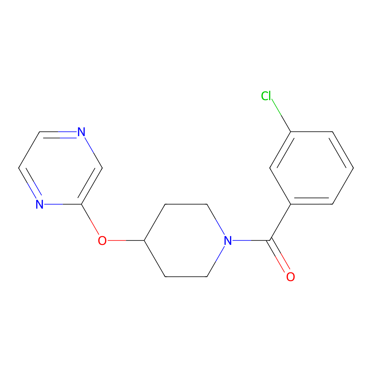 (3-Chlorophenyl)(4-(pyrazin-2-yloxy)piperidin-1-yl)methanone molecular structure, CAS 1421493-57-3