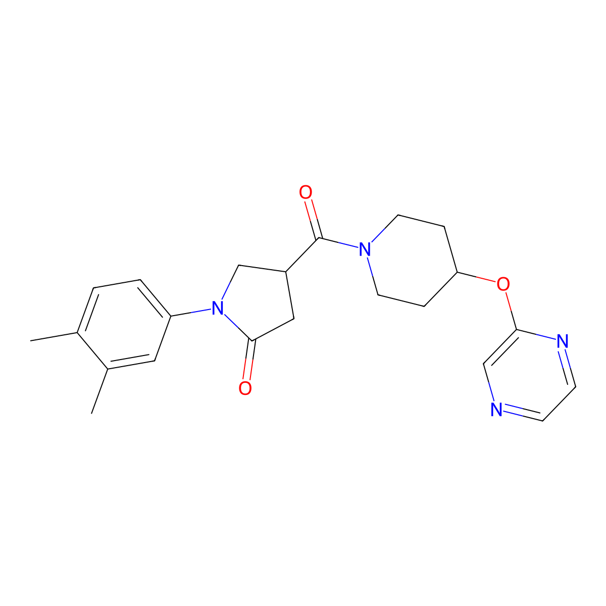 1-(3,4-Dimethylphenyl)-4-[4-(pyrazin-2-yloxy)piperidine-1-carbonyl]pyrrolidin-2-one molecular structure, CAS 1421493-65-3