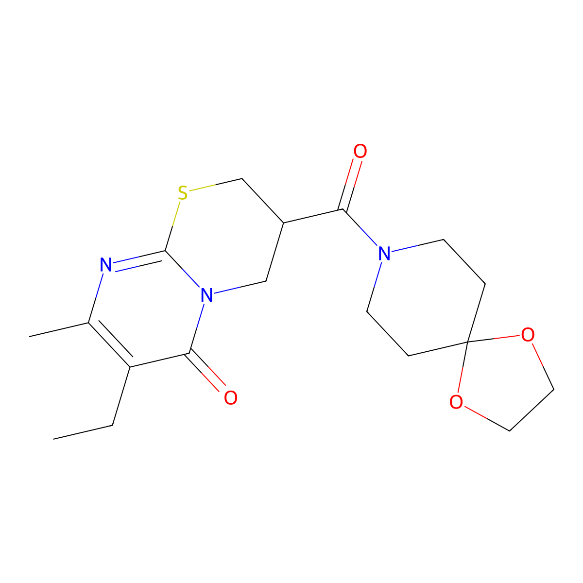7-ethyl-8-methyl-3-(1,4-dioxa-8-azaspiro[4.5]decane-8-carbonyl)-3,4-dihydropyrimido[2,1-b][1,3]thiazin-6(2H)-one molecular structure, CAS 1421493-67-5