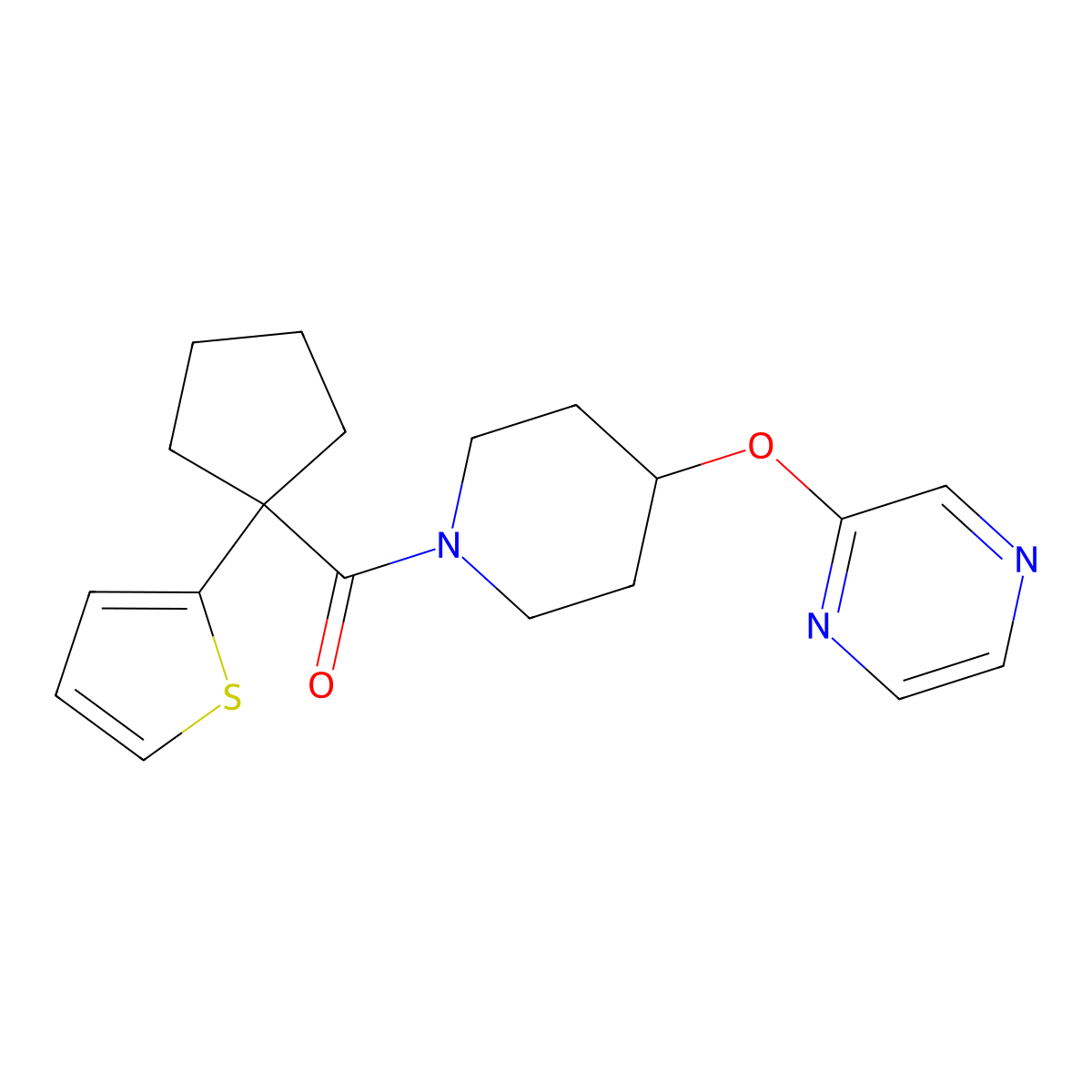 (4-(Pyrazin-2-yloxy)piperidin-1-yl)(1-(thiophen-2-yl)cyclopentyl)methanone molecular structure, CAS 1421493-68-6