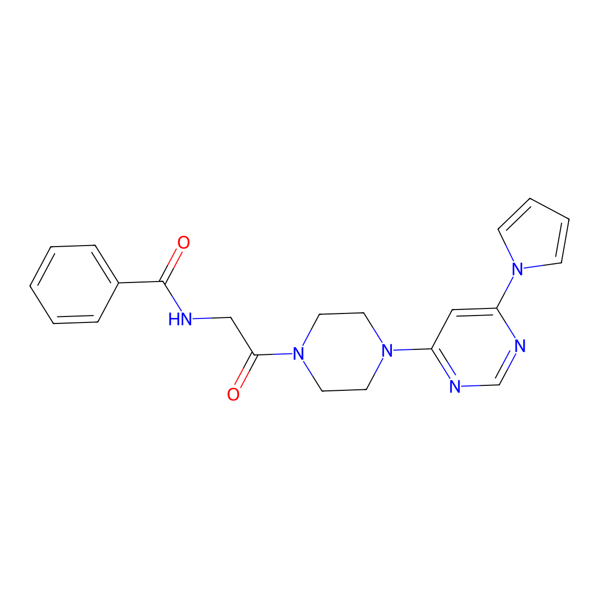 N-(2-(4-(6-(1H-pyrrol-1-yl)pyrimidin-4-yl)piperazin-1-yl)-2-oxoethyl)benzamide molecular structure, CAS 1421493-70-0