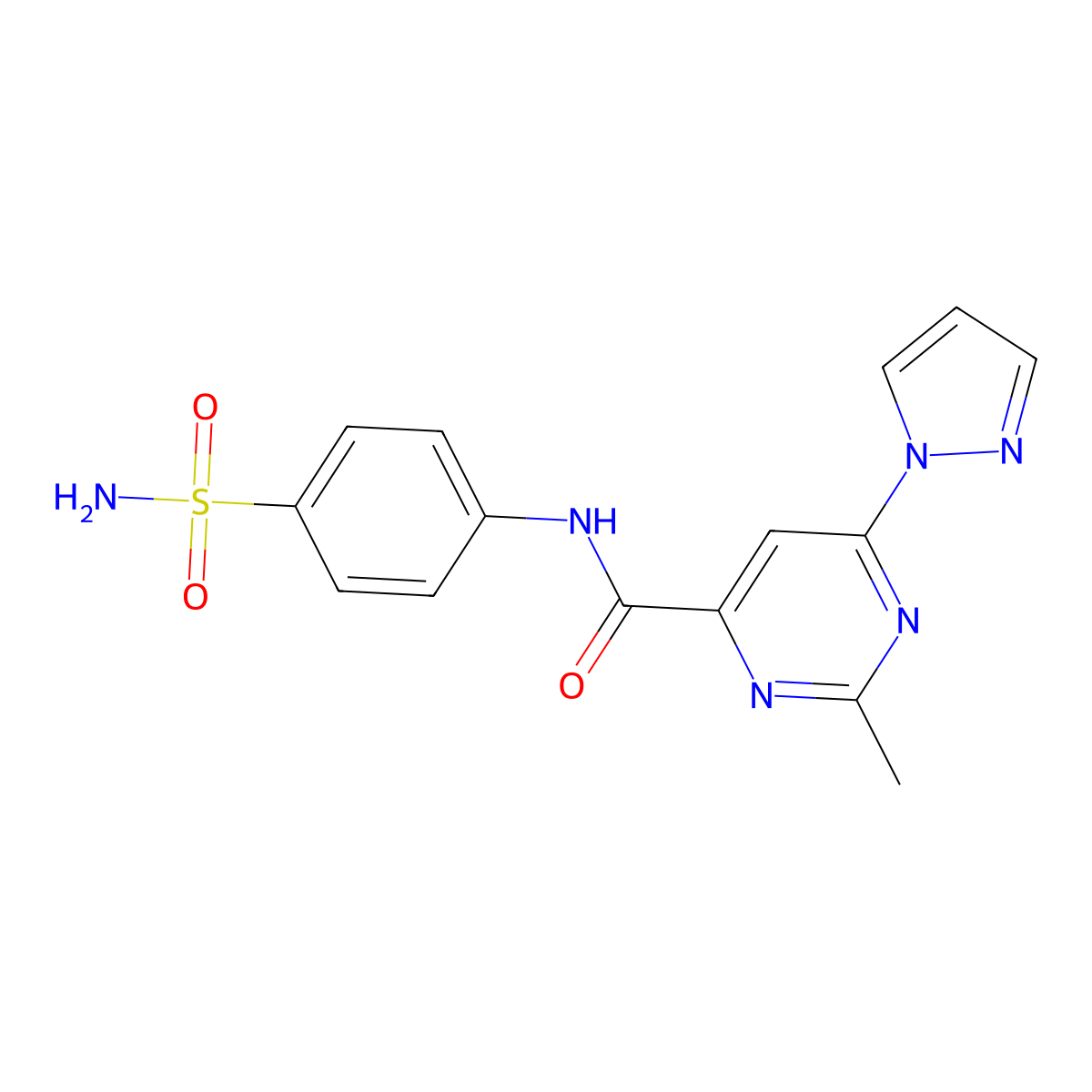 2-methyl-6-(1H-pyrazol-1-yl)-N-(4-sulfamoylphenyl)pyrimidine-4-carboxamide molecular structure, CAS 1421493-72-2