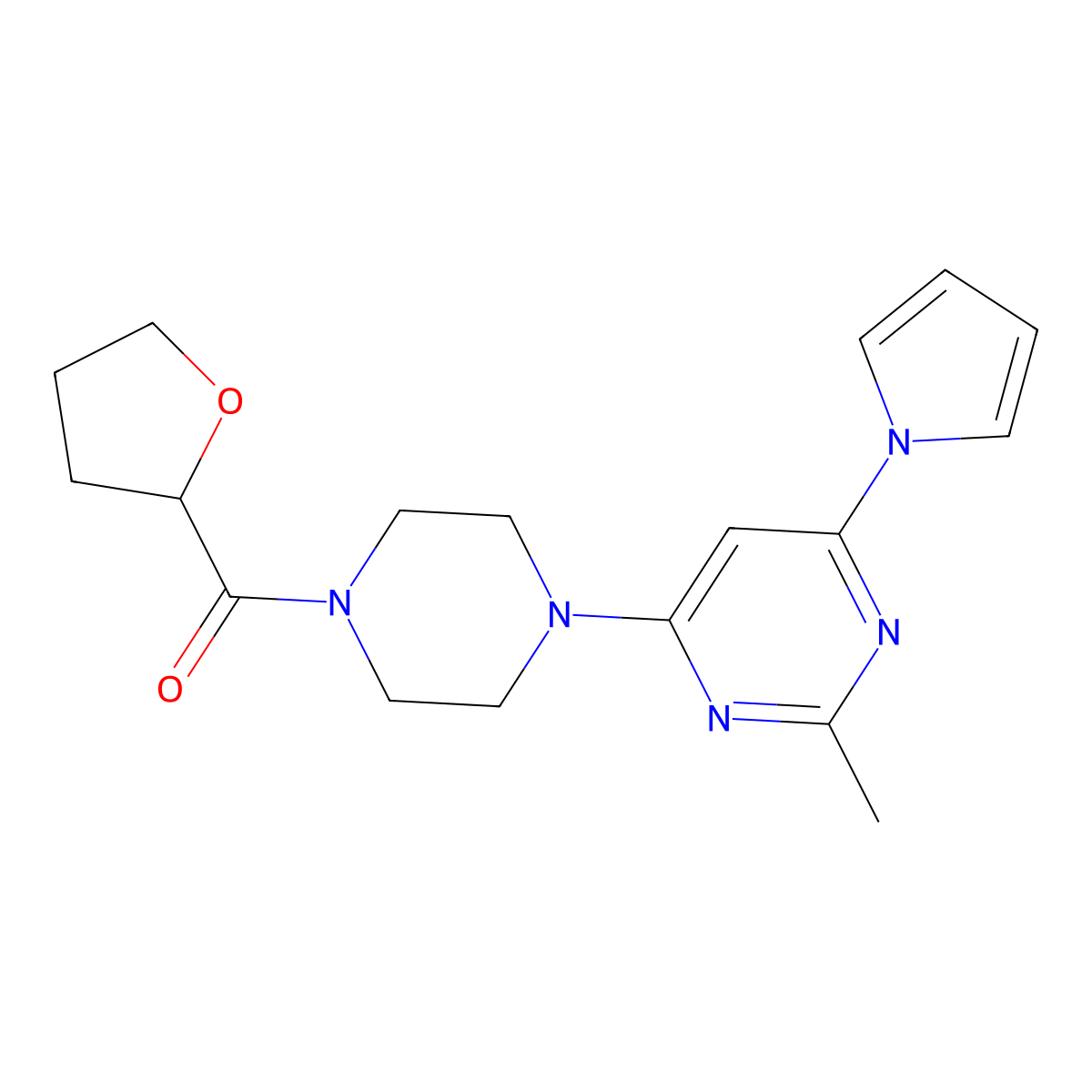 (4-(2-methyl-6-(1H-pyrrol-1-yl)pyrimidin-4-yl)piperazin-1-yl)(tetrahydrofuran-2-yl)methanone molecular structure, CAS 1421493-74-4