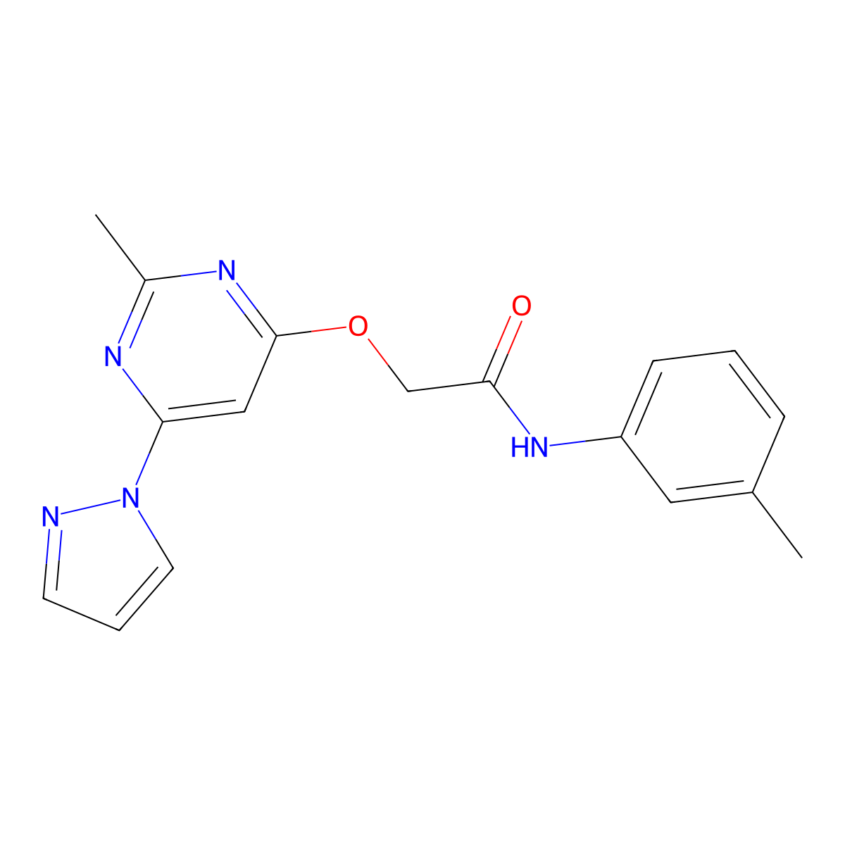 2-((2-methyl-6-(1H-pyrazol-1-yl)pyrimidin-4-yl)oxy)-N-(m-tolyl)acetamide molecular structure, CAS 1421493-76-6
