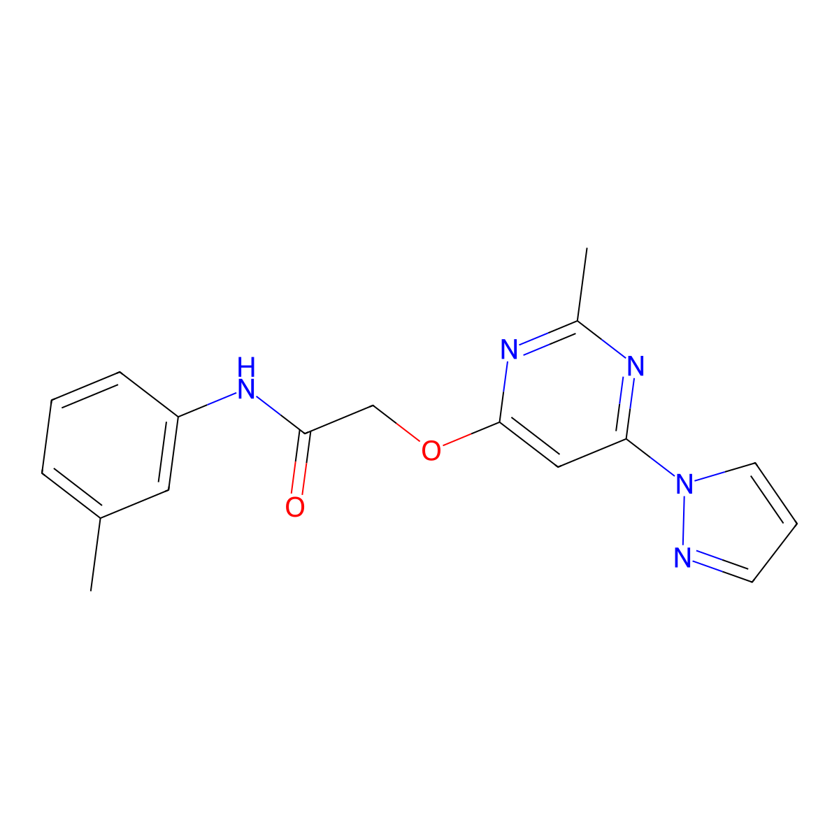 2-((2-methyl-6-(1H-pyrazol-1-yl)pyrimidin-4-yl)oxy)-N-(m-tolyl)acetamide molecular structure, CAS 1421493-76-6