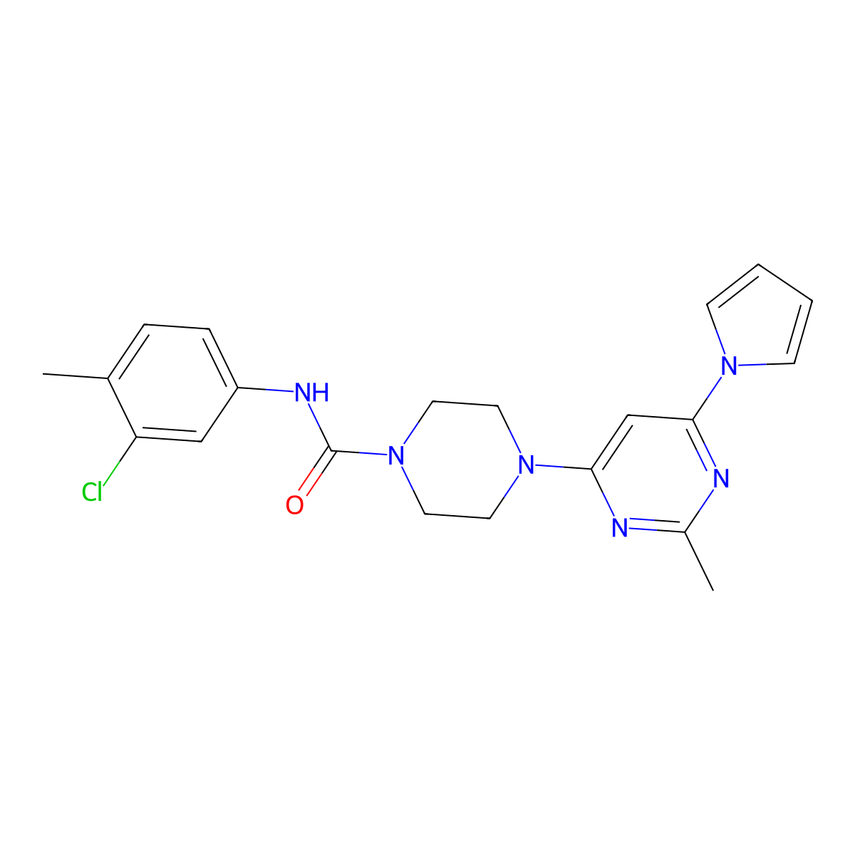 N-(3-chloro-4-methylphenyl)-4-(2-methyl-6-(1H-pyrrol-1-yl)pyrimidin-4-yl)piperazine-1-carboxamide molecular structure, CAS 1421493-84-6