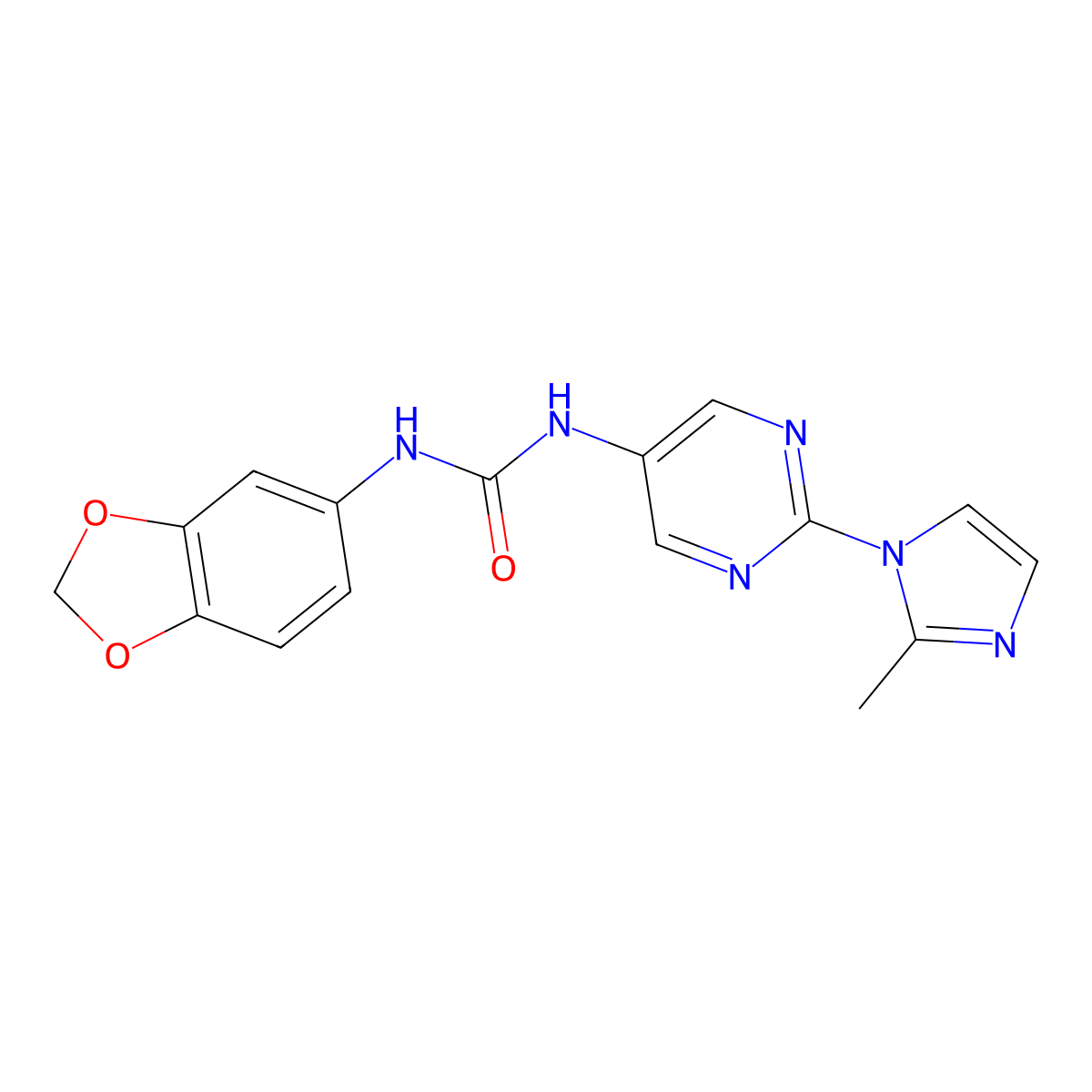 1-(benzo[d][1,3]dioxol-5-yl)-3-(2-(2-methyl-1H-imidazol-1-yl)pyrimidin-5-yl)urea molecular structure, CAS 1421493-85-7