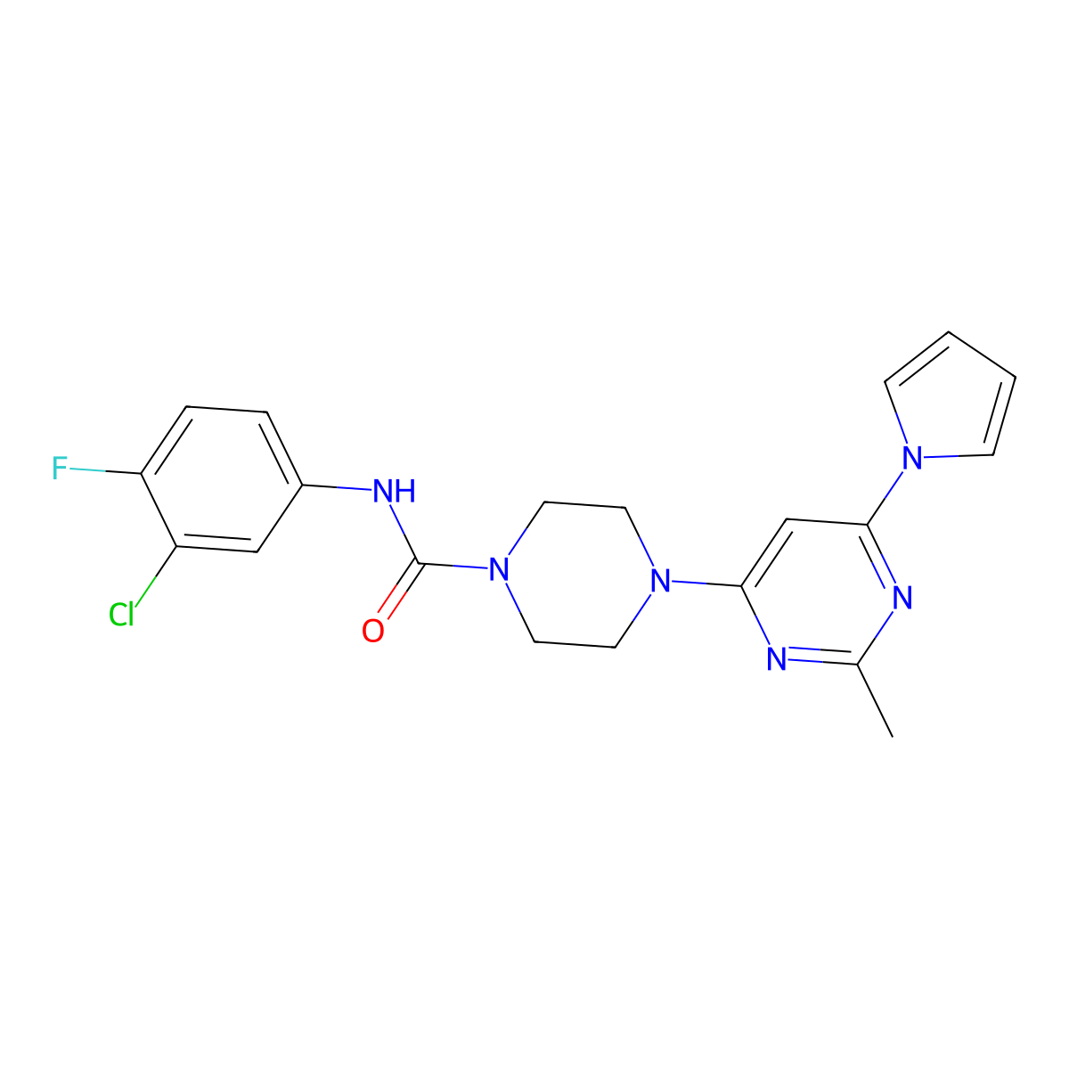 N-(3-chloro-4-fluorophenyl)-4-(2-methyl-6-(1H-pyrrol-1-yl)pyrimidin-4-yl)piperazine-1-carboxamide molecular structure, CAS 1421493-87-9
