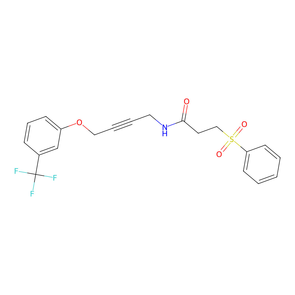 3-(phenylsulfonyl)-N-(4-(3-(trifluoromethyl)phenoxy)but-2-yn-1-yl)propanamide molecular structure, CAS 1421493-93-7