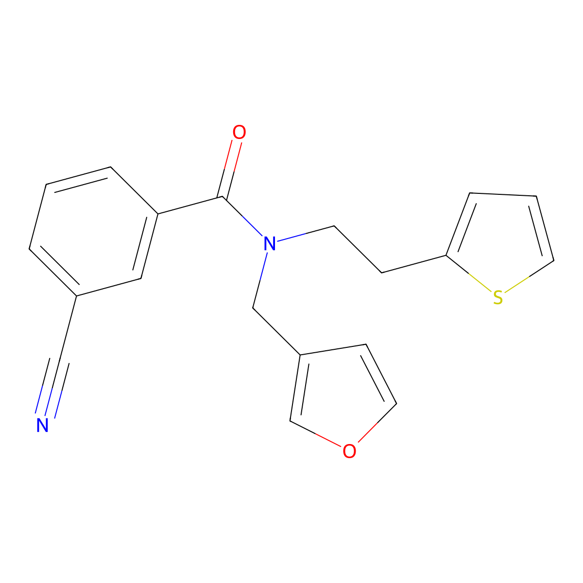 3-cyano-N-(furan-3-ylmethyl)-N-(2-(thiophen-2-yl)ethyl)benzamide molecular structure, CAS 1421494-22-5