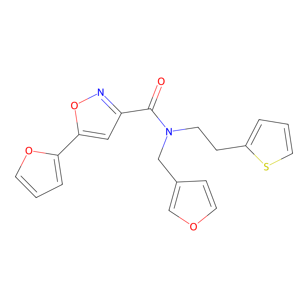5-(furan-2-yl)-N-(furan-3-ylmethyl)-N-(2-(thiophen-2-yl)ethyl)isoxazole-3-carboxamide molecular structure, CAS 1421494-24-7