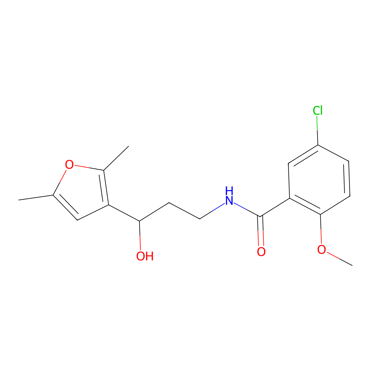 5-Chloro-N-[3-(2,5-dimethylfuran-3-YL)-3-hydroxypropyl]-2-methoxybenzamide molecular structure, CAS 1421494-35-0