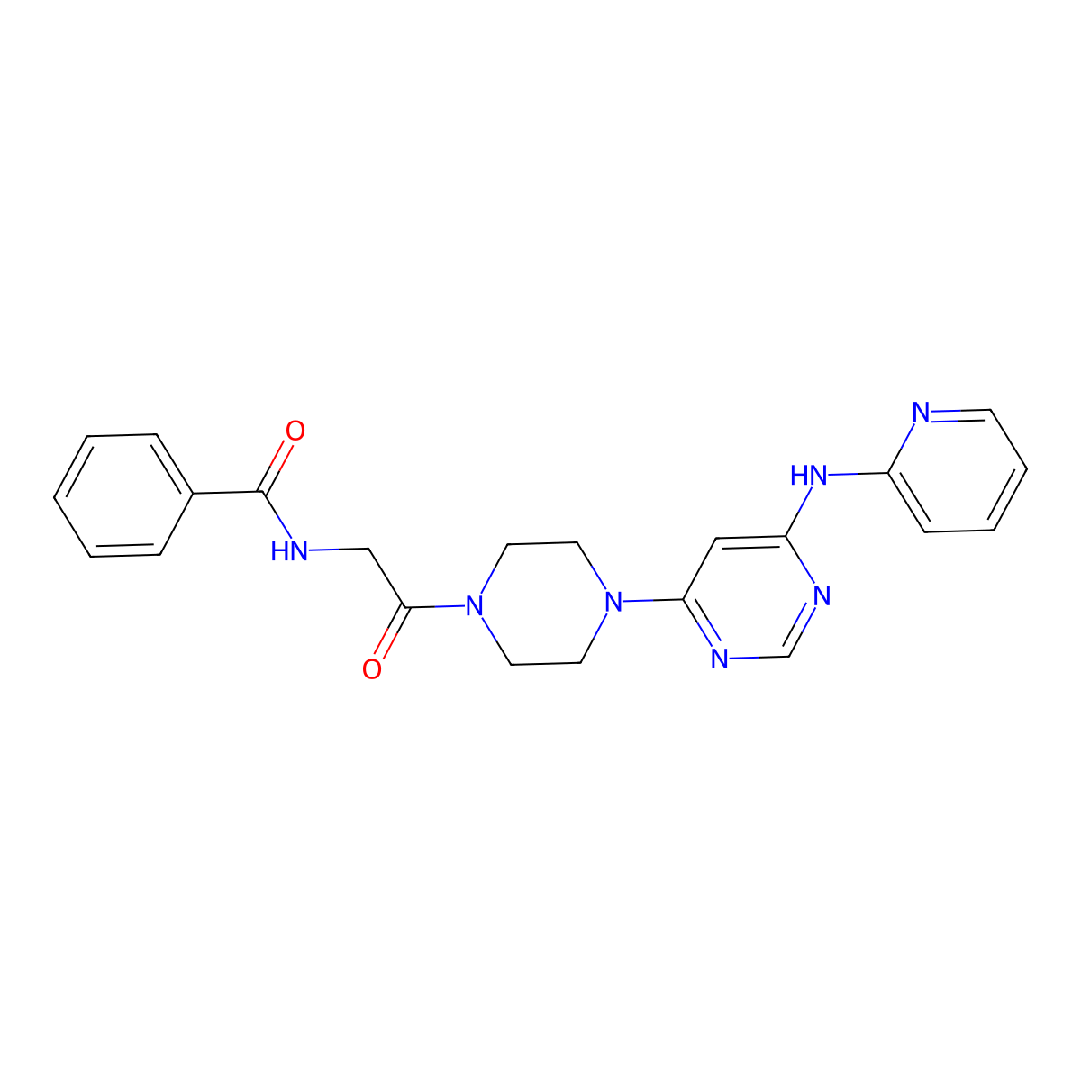 N-(2-oxo-2-(4-(6-(pyridin-2-ylamino)pyrimidin-4-yl)piperazin-1-yl)ethyl)benzamide molecular structure, CAS 1421494-50-9