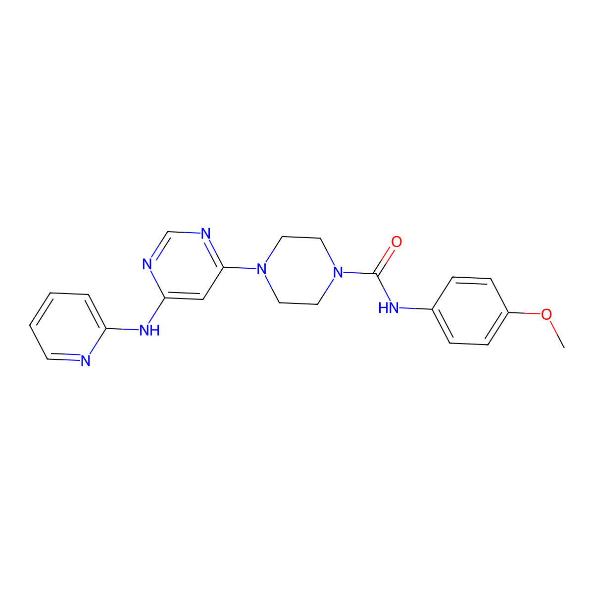 N-(4-methoxyphenyl)-4-(6-(pyridin-2-ylamino)pyrimidin-4-yl)piperazine-1-carboxamide molecular structure, CAS 1421494-55-4