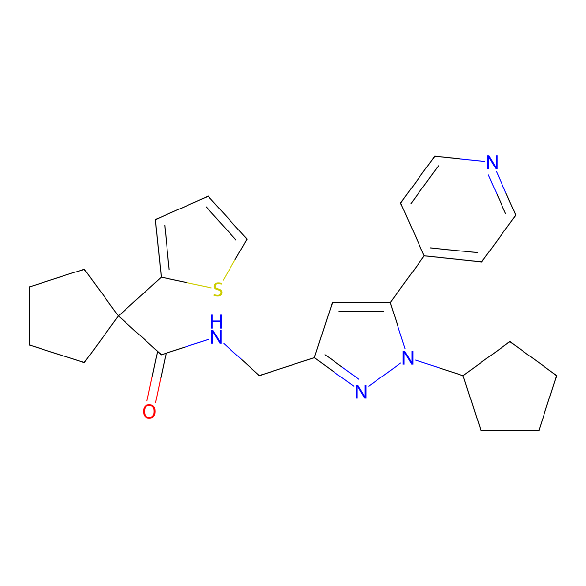N-((1-cyclopentyl-5-(pyridin-4-yl)-1H-pyrazol-3-yl)methyl)-1-(thiophen-2-yl)cyclopentanecarboxamide molecular structure, CAS 1421494-57-6