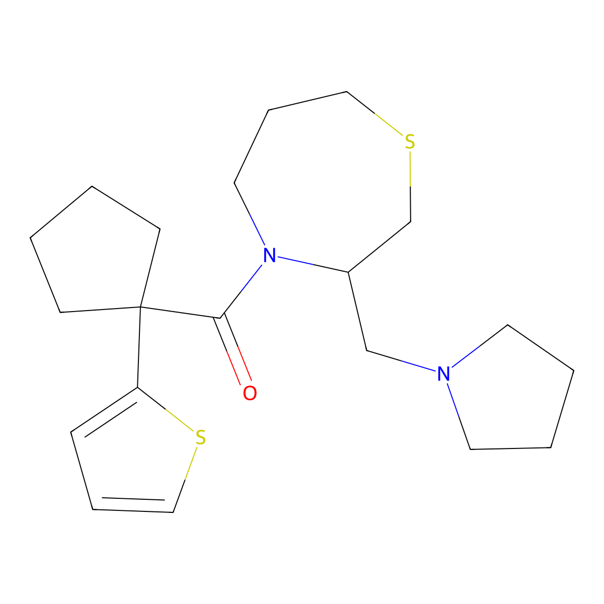 (3-(Pyrrolidin-1-ylmethyl)-1,4-thiazepan-4-yl)(1-(thiophen-2-yl)cyclopentyl)methanone molecular structure, CAS 1421494-64-5