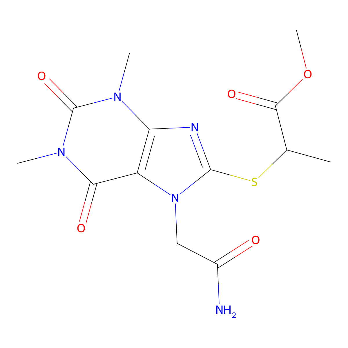 methyl 2-((7-(2-amino-2-oxoethyl)-1,3-dimethyl-2,6-dioxo-2,3,6,7-tetrahydro-1H-purin-8-yl)thio)propanoate molecular structure, CAS 1421494-66-7