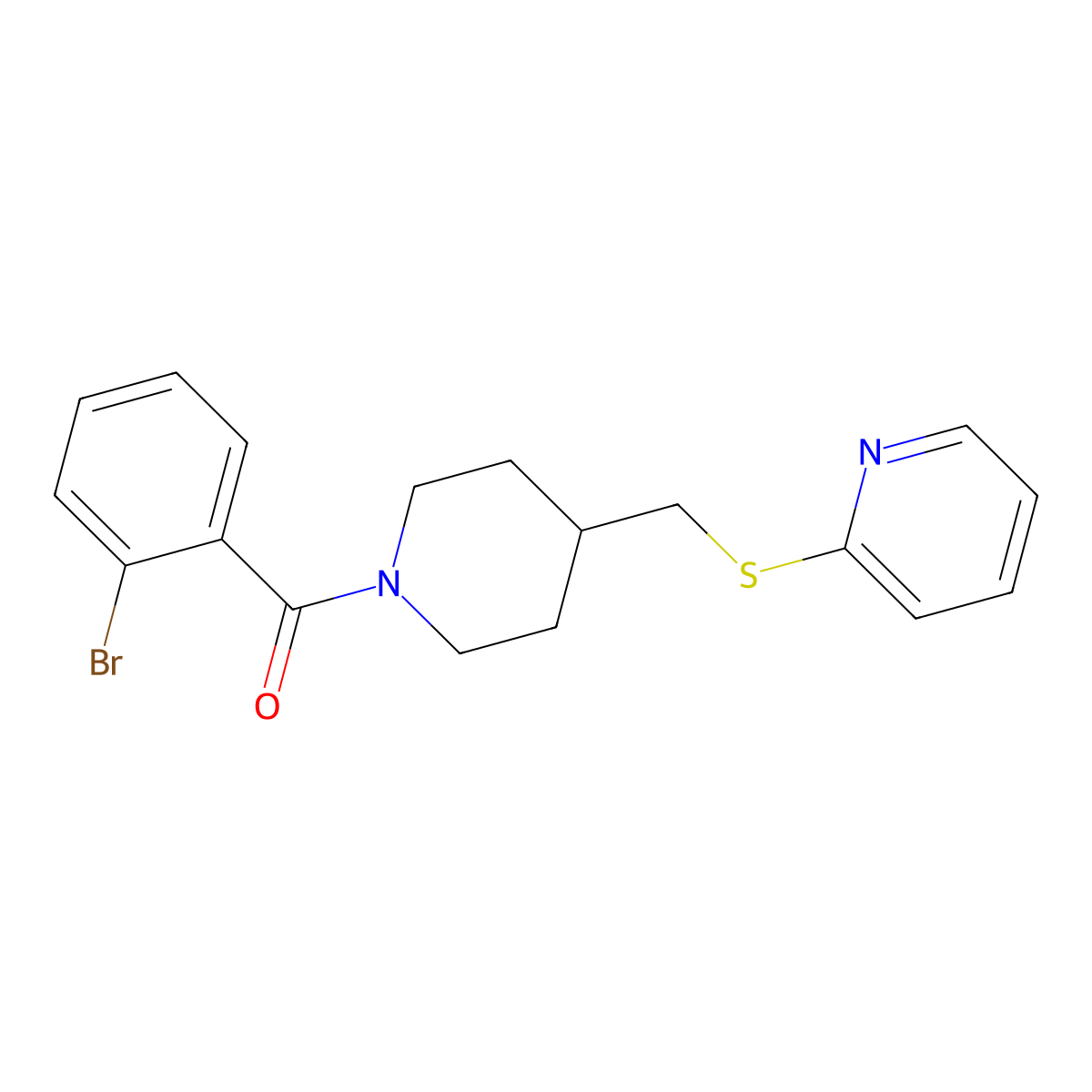 (2-Bromophenyl)(4-((pyridin-2-ylthio)methyl)piperidin-1-yl)methanone molecular structure, CAS 1421494-77-0