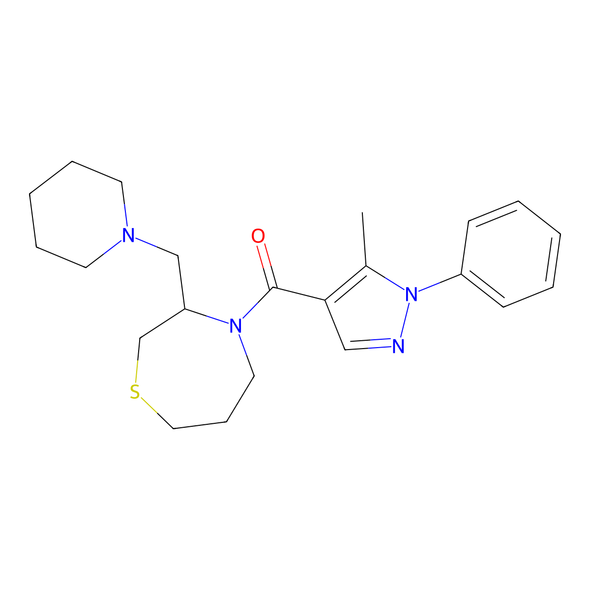 (5-methyl-1-phenyl-1H-pyrazol-4-yl)(3-(piperidin-1-ylmethyl)-1,4-thiazepan-4-yl)methanone molecular structure, CAS 1421494-79-2