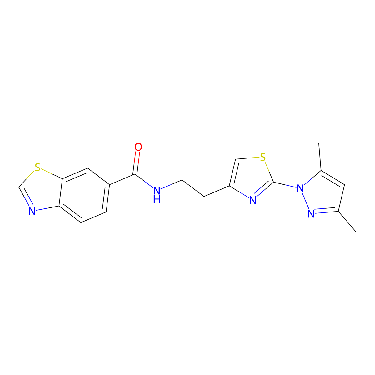 N-(2-(2-(3,5-dimethyl-1H-pyrazol-1-yl)thiazol-4-yl)ethyl)benzo[d]thiazole-6-carboxamide molecular structure, CAS 1421494-86-1