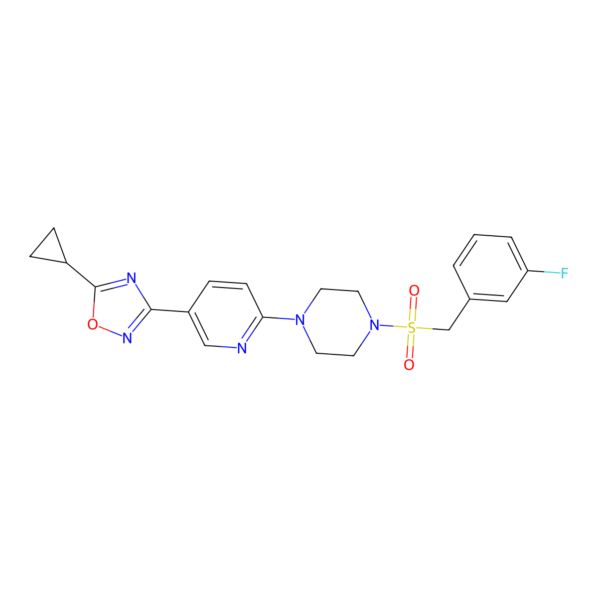 5-Cyclopropyl-3-(6-(4-((3-fluorobenzyl)sulfonyl)piperazin-1-yl)pyridin-3-yl)-1,2,4-oxadiazole molecular structure, CAS 1421494-87-2