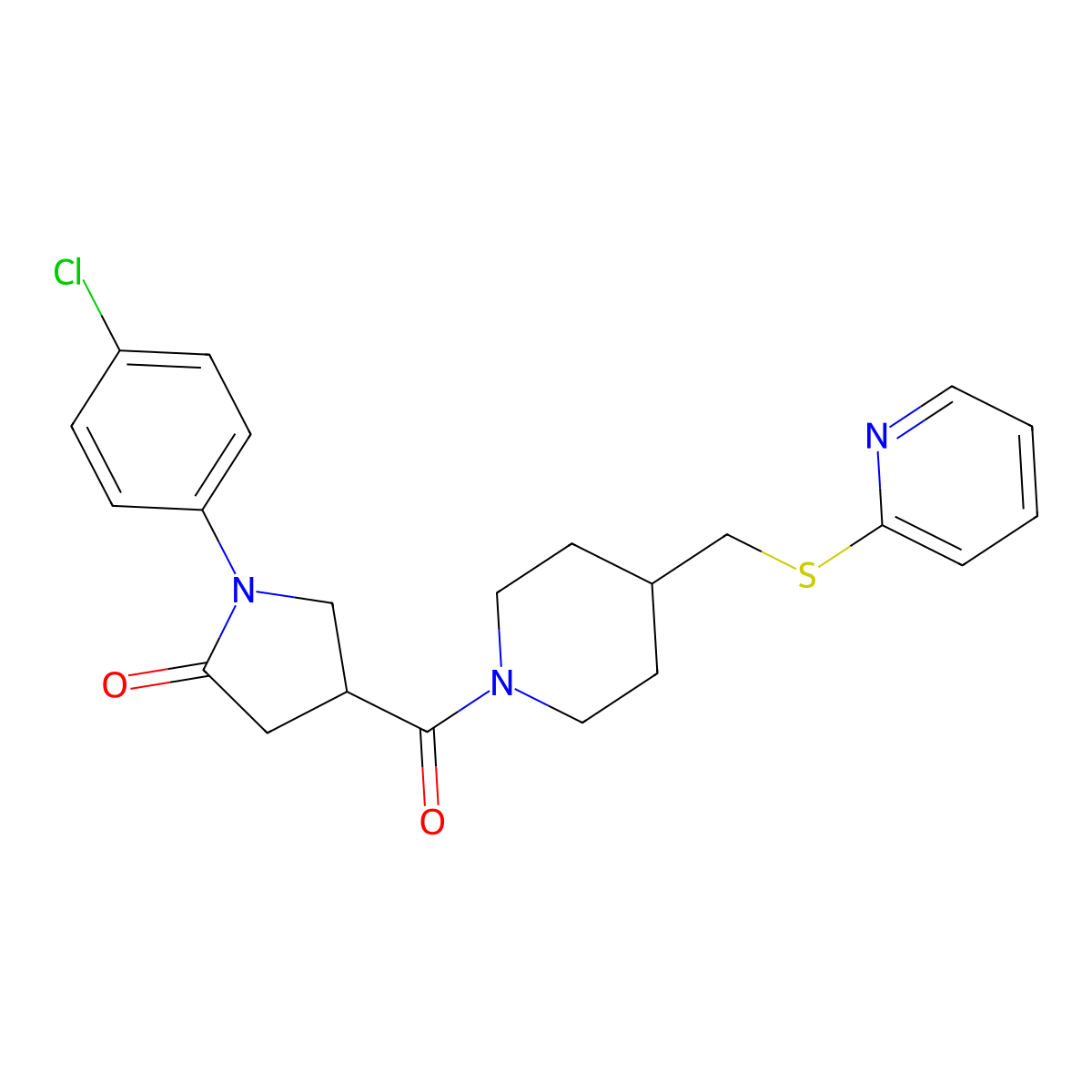 1-(4-Chlorophenyl)-4-(4-((pyridin-2-ylthio)methyl)piperidine-1-carbonyl)pyrrolidin-2-one molecular structure, CAS 1421494-92-9