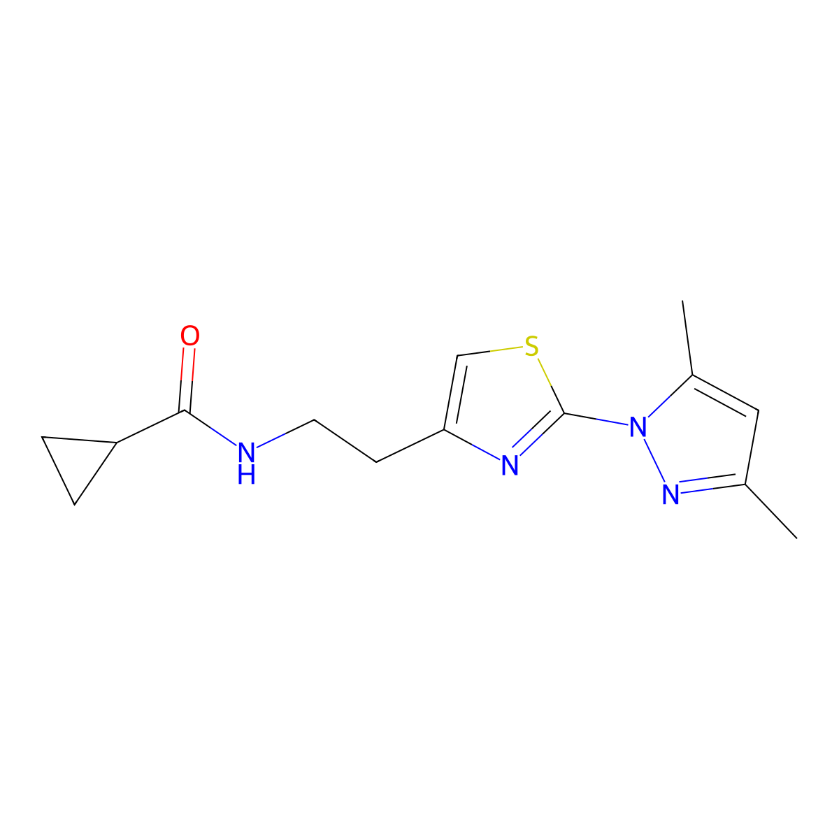 N-(2-(2-(3,5-dimethyl-1H-pyrazol-1-yl)thiazol-4-yl)ethyl)cyclopropanecarboxamide molecular structure, CAS 1421494-94-1