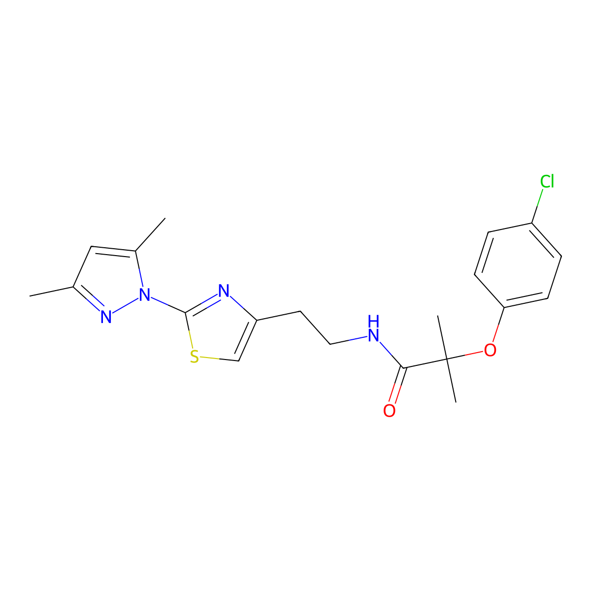 2-(4-chlorophenoxy)-N-(2-(2-(3,5-dimethyl-1H-pyrazol-1-yl)thiazol-4-yl)ethyl)-2-methylpropanamide molecular structure, CAS 1421495-00-2