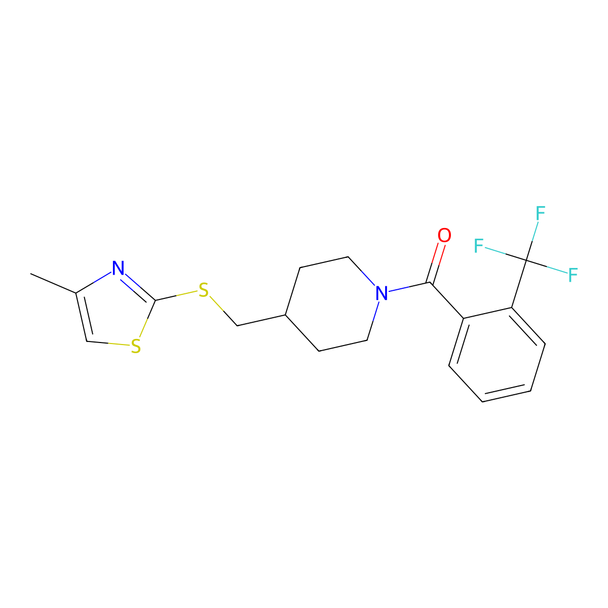 (4-(((4-Methylthiazol-2-yl)thio)methyl)piperidin-1-yl)(2-(trifluoromethyl)phenyl)methanone molecular structure, CAS 1421495-07-9