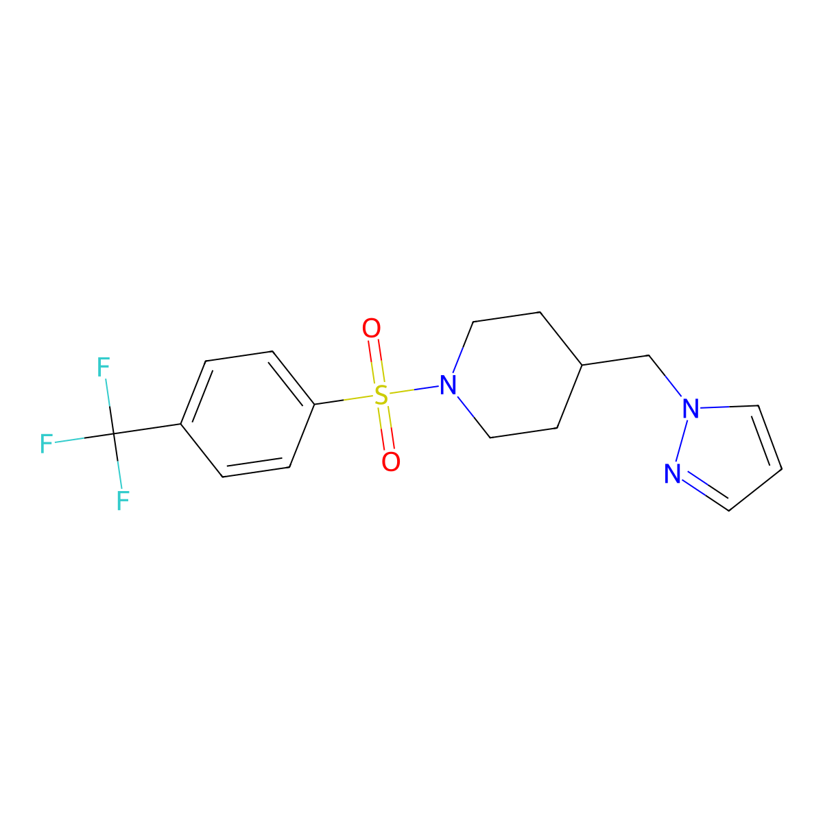 4-((1H-pyrazol-1-yl)methyl)-1-((4-(trifluoromethyl)phenyl)sulfonyl)piperidine molecular structure, CAS 1421495-12-6