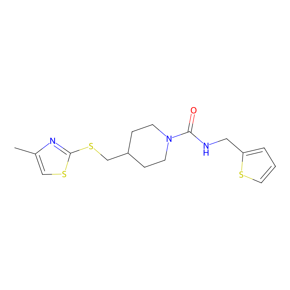 4-(((4-methylthiazol-2-yl)thio)methyl)-N-(thiophen-2-ylmethyl)piperidine-1-carboxamide molecular structure, CAS 1421495-13-7