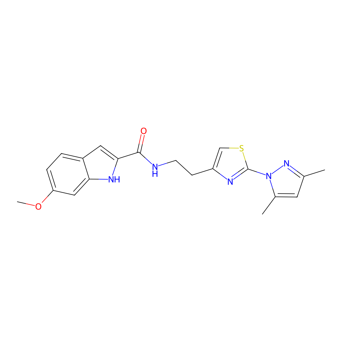 N-(2-(2-(3,5-dimethyl-1H-pyrazol-1-yl)thiazol-4-yl)ethyl)-6-methoxy-1H-indole-2-carboxamide molecular structure, CAS 1421495-15-9