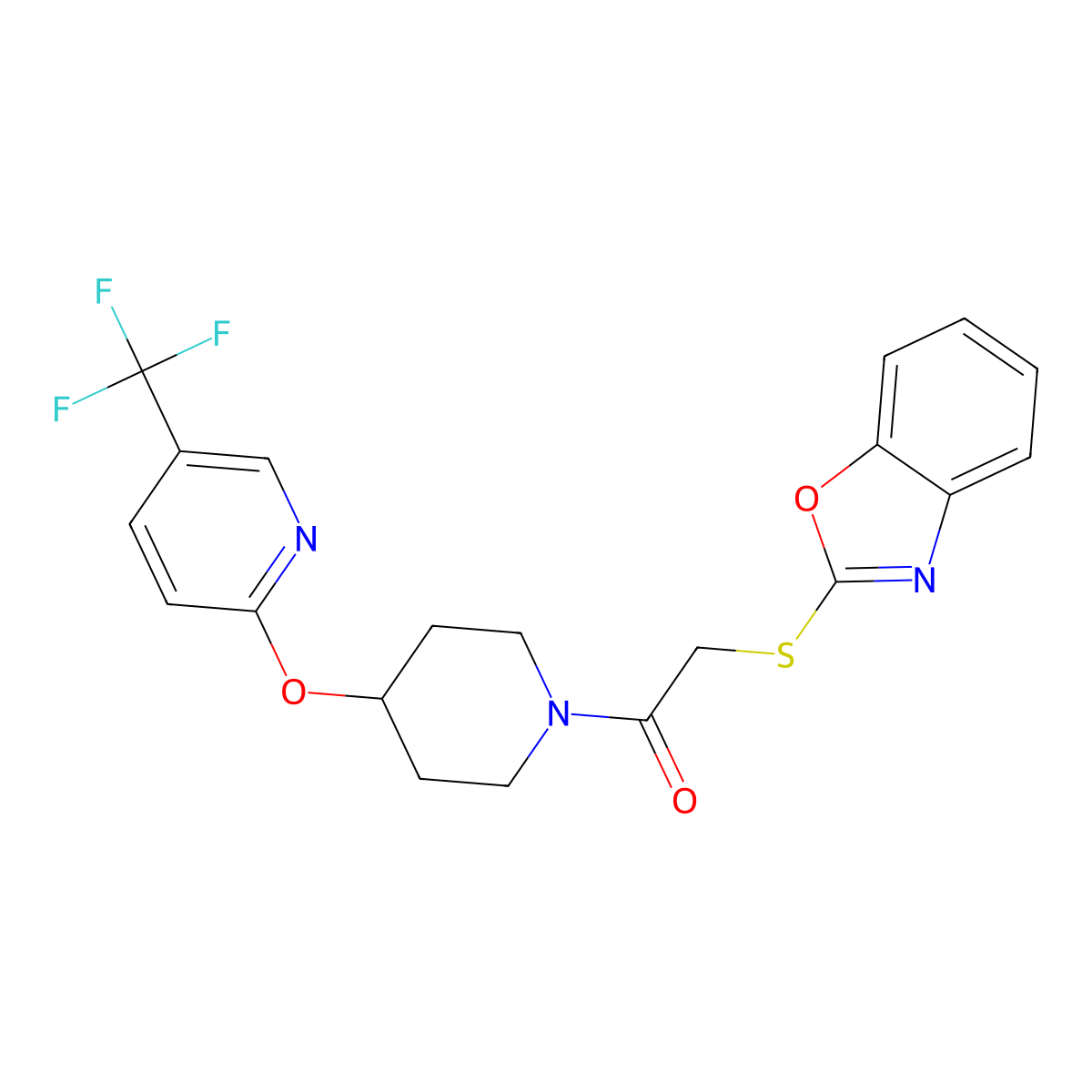 2-(Benzo[d]oxazol-2-ylthio)-1-(4-((5-(trifluoromethyl)pyridin-2-yl)oxy)piperidin-1-yl)ethanone molecular structure, CAS 1421495-24-0