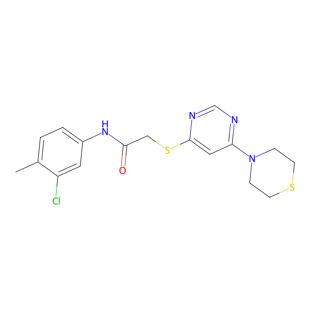 N-(3-chloro-4-methylphenyl)-2-((6-thiomorpholinopyrimidin-4-yl)thio)acetamide molecular structure, CAS 1421496-61-8